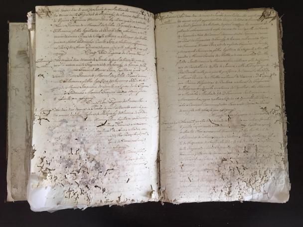 Seventeenth-century baptismal record exhibiting signs of insect and water damage, rendering the bottom of the pages illegible